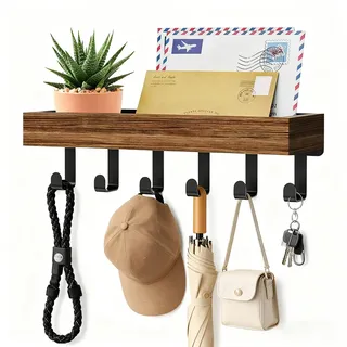 Schlüsselbrett mit Ablage, Wandgarderobe aus Holz, Metall Schlüssel Organizer mit 6 Haken, Schlüsselleiste Schlüsselhalter Wand, Schlüsselaufbewahrung für Küche Flur Eingangsbereich Hut Regenschirm