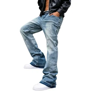 Flared Jeans Herren Y2K Jeans Tintenspritze Patchwork Stretch Jeanshose Zerrissene Vintage Bootcut Schlaghose mit Taschen Baggy Cowboy Schlupfjeans Hip Hop Freizeit Skateboard Streetwear