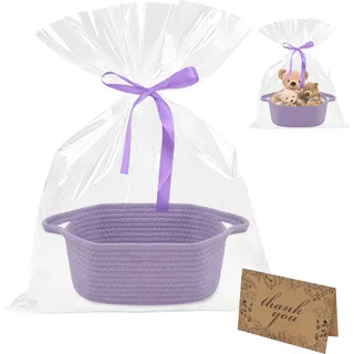Geschenkkorb Leer, Baumwollsei Präsentkorb Leer mit Geschenktüten Grußkarten und Bändern, Geflochtener Korb Aufbewahrungskorb mit Griff für Geburtstage, Babypartys, Feiertage(Lila)