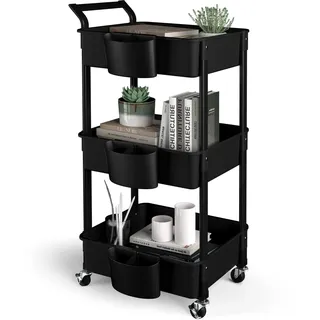 HBTower Rollwagen aus Kunststoff,Küchenwagen 3 Etagen, Servierwagen, mit extra hängenden Tassen, feststellbare Räder für Wohnzimmer, Küche, Büro, Schwarz