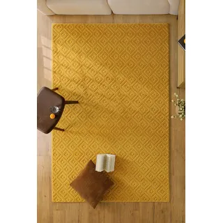 Teppich WECON HOME "Castello TWO", gelb, B:200cm H:7mm L:300cm, Schurwolle, Teppiche, Teppich, Schurwolle, Kurzflor mit Hoch-Tief-Effekt, Wohnzimmer, Rautenmuster