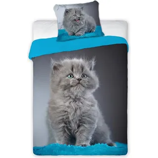 Bettwäsche, 100% Baumwolle, Jugend, Tiere 140x200cm Katze 010 - Grau