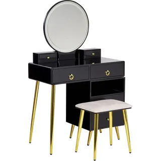 BELIANI Schminktisch Schwarz und Gold MDF-Platte mit Metallbeinen Rundem LED-Spiegel 6 Schubladen Hocker Glamour für Schlafzimmer Jugendzimmer - Schwarz, Gold, Grau