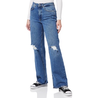 ONLY Damen Straight Leg Denim Jeans | High Waist Gerade Weite Schlag Hose | Wide Destroyed Pants ONLJUICY, Farben:Blau, Größe:28W / 32L, Z-Länge:L32