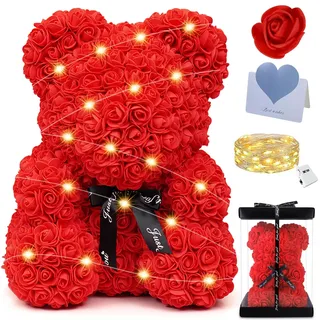 POWZOO Rosenbär Geschenke für Frauen,Rose Teddybär 25cm,Rot Rosenblumenbär mit Lichtern und Geschenkbox,Einzigartige Geschenke für Muttertag,Jubiläum,Hochzeiten,Valentinstagsgeschenk.