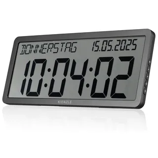 Kienzle Funkwanduhr groß mit DCF-Zeitsignal Datumsanzeige LCD-Display 33,9x12,4 cm Wandmontage oder Standfuß anthrazit batteriebetrieben - Dunkelgrau