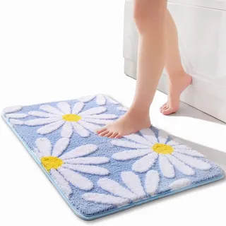 QJHOMO Blau Badezimmerteppich Niedliche Gänseblümchen Badematte rutschfest Waschbar Badteppich Weiße und Gelbe Blume Badvorleger Weiche Duschvorleger Absorbierende Badezimmer Teppich 50x80 cm