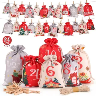 Adventskalender zum Befüllen 2024, DIY 24er Stoffbeutel Set, Festliche Weihnachtsdeko