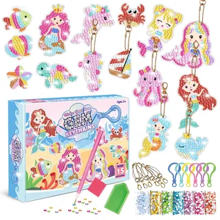 CAYUDEN Diamond Painting Anhänger Set, 15 Stück DIY Gem Schlüsselanhänger Ornamente 5D Meerjungfrau Diamant Schlüsselanhänger Diamond Keychains Gem Anhänger für 8-12 Jahren Mädchen