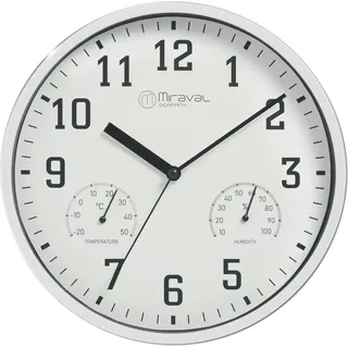 Miraval Wanduhr Thermometer Hygrometer 250 mm Küchenuhr Wohnzimmer Luftfeuchtigkeit Temperaturanzeige Analog Bürouhr Moderne Wanduhr Weiß