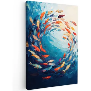 MuchoWow Leinwandbild Meer - Fische - Bunt - Dynamisch Deko XXL 80x120 cm , Hellblau , Textil , Kiefer , Abstrakt , Rechteckig , 80x120 cm , FSC 100% , gerahmt , Bilder & Rahmen, Bilder, Leinwandbilder
