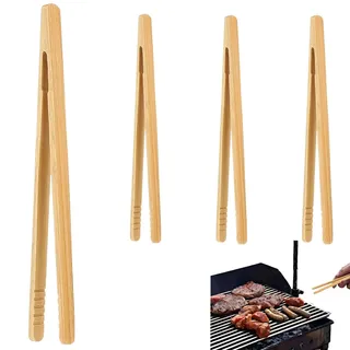 4 Stück Bambus Grillzange Holz - Grillzange Klein Wiederverwendbare Holzzange Zuckerzange für Toast, Salat & Grillen - Rutschfeste Salatzange mit Mini-Design, Ideal als Küchenzange oder Pinzette