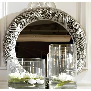Wandspiegel Spiegel Rund Spieglein Silber Barock Rokoko Möbel Italien 60cm Holz - Silber