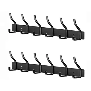 MEIJO Garderobenleiste Schwarz Garderobenhaken Edelstahl Kleiderhaken Wand Wandhaken mit 6 Haken, Hakenleiste Garderobe Wandgarderobe für Schlafzimmer Küche Kleiderständer (Schwarz, 6 Haken 2 Stück)