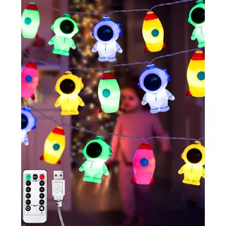 AceList Lichterkette Kinderzimmer, 3M 20 LED Lichterkette Kinder Mit Batterie und Timer USB, Bunt 8 Modi Lichterkette Astronaut Rakete Wolken Regenbogen für Kinderzimmer, Geburtstagsparty Wanddekor