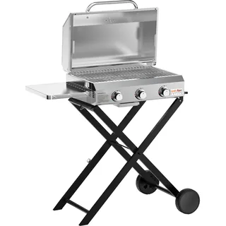 Onlyfire 3 Brenner Gas Grillwagen | BBQ Gasgrill mit Grillrost | 7Kw | Grillfläche 56,5×34cm | mit Seitentischen, Faltbarem Rollwagen, Rollen, Thermometer | für Outdoor Camping Balkon Garten