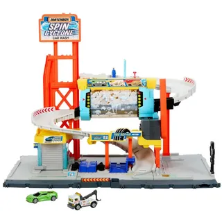 Matchbox Spielzeugauto Trackset, Spielset Rotierende Waschstraße mit Corvette und Abschleppwagen im Maßstab 1:64, mit rotierender Autowaschanlage, Tuning-Station und Parkplatz, JGB68