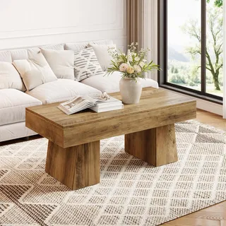 Tribesigns Couchtisch im Landhausstil, 120 cm Großer Moderner Couchtisch aus Holz mit dickem Sockel, Mitteltisch, Teetisch, rustikales Braun