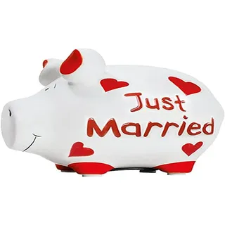 KCG Sparschwein „Just Married“ aus Keramik – kleines Hochzeitssparschwein, weiß mit rotem Schriftzug, 12,5 × 9 × 9 cm