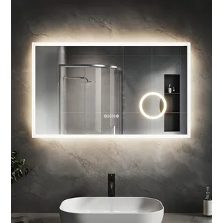 SVNR badezimmerspiegel mit Beleuchtung - 100 x 60 cm Spiegel mit Beleuchtung, Wandmontierter Multifunktionaler Badezimmerspiegel, R10-Abgeschrägte Kante, Uhr, Antibeschlag, LED-Smart-Spiegel