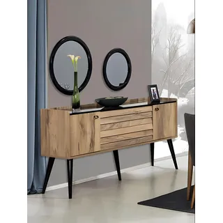 Designer Esszimmer Möbel Set Hellbraunes Holz Sideboard Glas Spiegel - Hellbraun