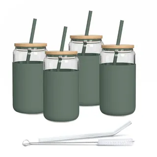 Aquafloow Trinkglas mit Strohhalm und Deckel 500ml | Gläser mit Silikonhülle | Trinkgläser set inclus 2x Strohhalme und 1x Reinigungsstab | für Tee, Smoothie Kaffee-4 Stück- Grün