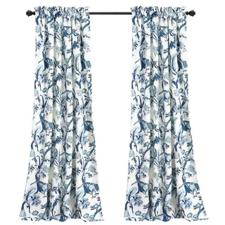 Lush Decor Dolores 2 STK. Lichtfilternde Fensterpaneele, 132 x 274 cm, Blau – Stoffvorhänge – Blumen-Vogeldruck – Grandmillennial & Französischer Landhausstil – Landhaus & maximalistische Deko