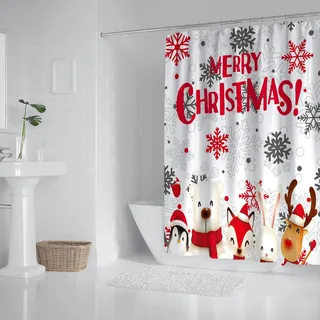 Figarge Weihnachts Duschvorhang Schimmelbeständig Badezimmer Vorhänge Wasserdicht Duschvorhang 100% Polyester Fenster Vorhänge mit 12 Haken (Weiß, 180X200CM)