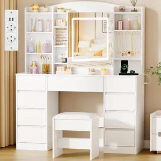 Schminktisch mit LED-Beleuchtung, Spiegel, Hocker, Glasplatte, Steckdosen, 9 Schubladen, 7 Ablagen, Weiß