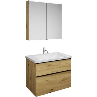 burgbad Eqio Set, bestehend aus Spiegelschrank, Keramik-Waschtisch und Waschtischunterschrank, Breite 830mm, SFAN083F5662C0001G0252, Farbe: Eiche Dekor Urban / Eiche Dekor Urban, Griffleiste Schwarz