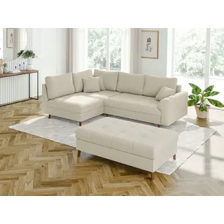 s-style möbel Ecksofa mit Schlaffunktion und Hocker mit Braun Holzfüßen im skandinavischen Stil aus Beige, Cord-Stoff, Ottomane links - Beige