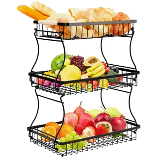 vinato Obstschale, 3-stöckige Moderner Obstkorb mit Holzgriffen, für Küche, Bad & Mehr – Ideal für Obst, Gemüse & Küchenorganisation, Schwarz
