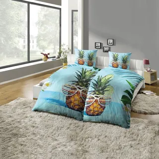KiNZLER Partnerbettwäsche »Partnerbettwäsche 4-teilig "Ananas"« 4 Stk. tlg. Pflegeleicht, bunt