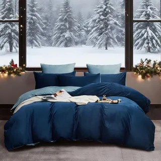 YASMENG Winter Bettwäsche 135x200 Dunkelblau Hellblau Warm Kuschelig Flauschige Bettwäsche Winter Weich Samt Plüsch Fleece Flanell Wendebettwäsche 2 Teilig mit Reißverschluss und 80x80 cm Kissenbezug