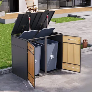 okwish Mülltonnenbox Abfalltrennschrank,Zwei Abfallfächer,Klappdeckel und Fronttür Für Komfort Terrassen Balkon Garten,Grau+Holz - Grau