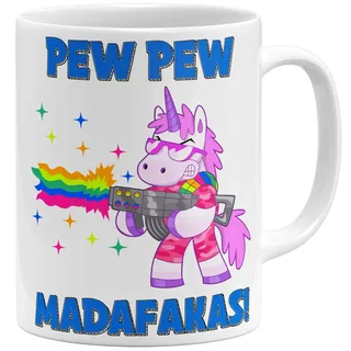 OM3® lustige Einhorn Pew Pew Madafakas Kaffee-Tasse mit Spruch - Regenbogen Unicorn - Keramik Becher - 325ml - Beidseitig Bedruckt - Weiss