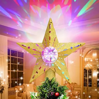 Quntis 31CM Weihnachtsbaumspitze Sterne Christmas Tree Topper - EU Stecker & 3M Verlängerungskabel, Rotierendes Buntes Streulicht, Farbenfrohe Projektion für Innen Weihnachtsdekoration (Gold)