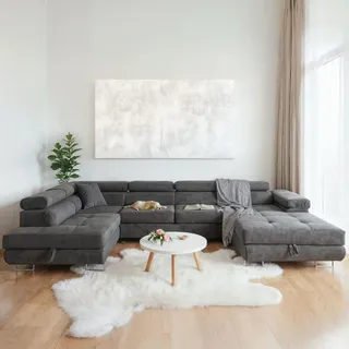 sofiland Ecksofa U-Form 345x202 cm Grau links mit Schlaffunktion & Bettkästen - Aller U XXL - Grau
