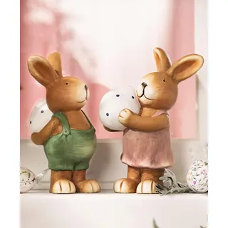 Dekoleidenschaft 2X Dekofigur Hase mit Osterei aus Terracotta, 26 cm hoch, Osterhase, Outdoor Osterdeko, Garten-Deko für Draußen