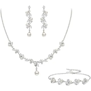 Clearine Braut Schmuck Set elfenbeinfarben künstliche Perle Marquise Zirkonia Cluster Anhänger Halskette Ohrhänger und Armband