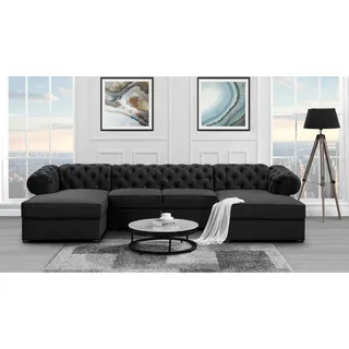 U-Form Ecksofa mit Schlaffunktion und Bettkasten Chester U-Shape Sofa im Chesterfield Stil, Stoff: kronos 07 - schwarz, Knöpfe: Zirkonia - Schwarz