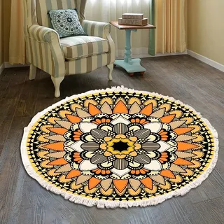 Vintage Boho Baumwolle Teppiche Mandala Muster Waschbar Handgewebte Böhmische Runder Teppich mit Quasten für Schlafzimmer Flur Wohnzimmer Couchtisch Fußmatten,Waschmaschinenfest,60CM Blumen #31