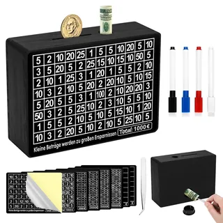 Soleebee Spardose aus Holz, Retro Sparbüchse mit Marker, Sparbox Aufbewahrungsbox, Wiederverwendbare Sparschwein mit Sparziel und Zahlen zum ankreuzen (Schwarz)