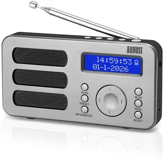 August MB225 - Tragbares Radio mit DAB+ / DAB/FM RDS-Funktion 40 Presets digitaler Radiowecker Stereo/Mono Digitalradio mit Sleeptimer Doppelalarm Snooze und wiederaufladbare Batterie Audioanschluss