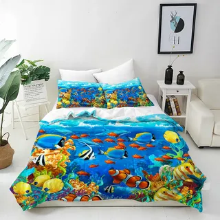 ANHOPE Ozean Bettwäsche 135x200 cm 2-teilig Mikrofaser | Meer Tropische Fische Muster, 1 Bettbezug mit Reißverschluss, 1 Kissenbezug 80x80 cm, Kinder Jungen Mädchen Bettwäsche-Set
