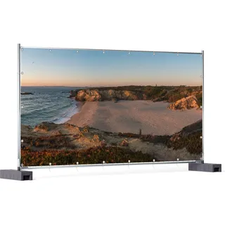 Wallario XXL Outdoor-Poster für Garten oder Balkon, Motiv Sandstrand zwischen Felsen, in ca. 340 x 173 cm - Braun