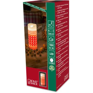 Konstsmide LED Echtwachskerze, weiß, zerlaufene Wachsoptik, rotes Muster mit weißen Tannenbäumen, 4h und 8h Timer, 1 warm weiße Diode, batteriebetrieben, Innen, 2 x AA 1.5V (exkl.) - 1959-550