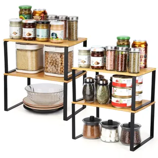 BELLE VOUS 2 Stk Stapelbares Regal Küche aus Natürlichem Bambus - Stapelbares und Erweiterbares Regal für Küchenschrank, Bad und Vorratskammer - Multifunktionales Küchenregal Organizer
