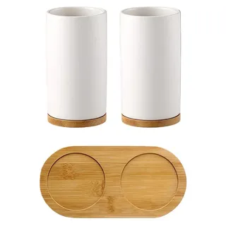 Badezimmer Zubehör Set Keramik & Bambus, 1 Zahnbürstenhalter, 2 Zahnputzbecher