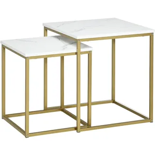 Homcom Couchtisch 2er-Set Beistelltisch mit Marmoroptik, Stahlrahmen, Wohnzimmertisch Kaffeetisch Sofatisch für Wohnzimmer Schlafzimmer, Weiß+Gold
